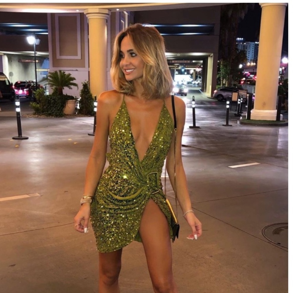 ASOS design all over sequin draped mini dress with horn buckle